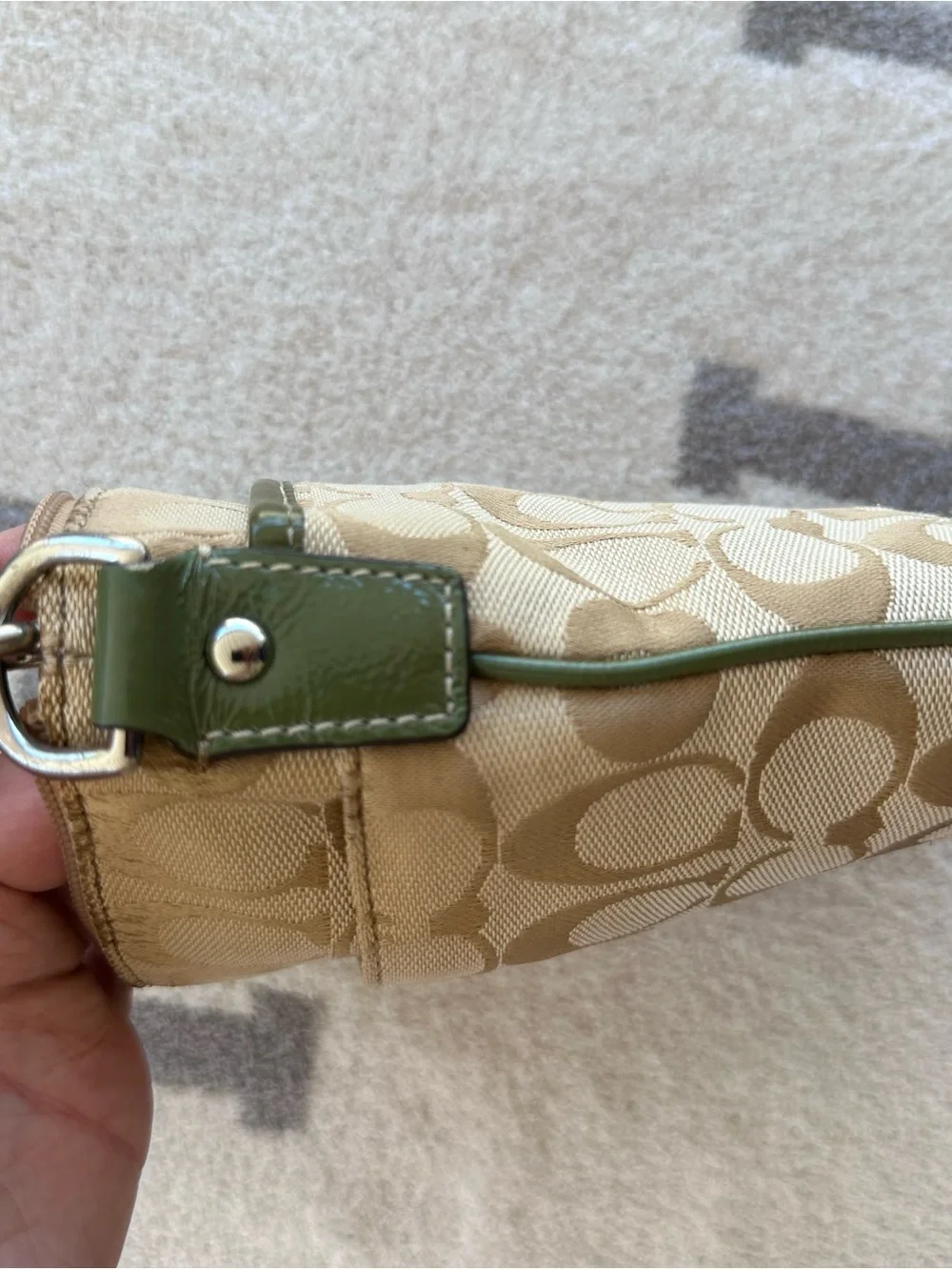Coach Beige Signature Crossbody with Green, Yellow and Red Leather Stripes Y2K